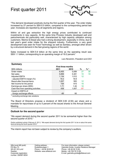 Thumbnail Alfa Laval
 Quarterly Report 2011-q1