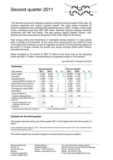 Thumbnail Alfa Laval
 Quarterly Report 2011-q2