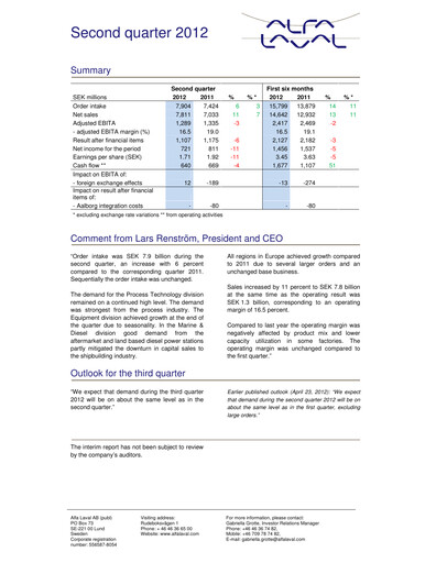 Thumbnail Alfa Laval
 Quarterly Report 2012-q2