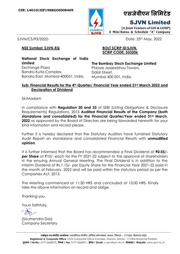 Thumbnail SJVN
 Financial Statement 2021-2022