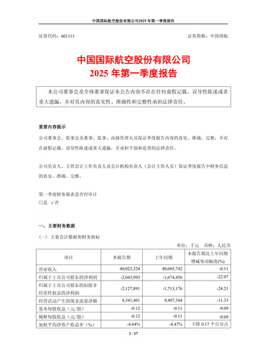 Miniature Air China
 Rapport trimestriel 2025-q1