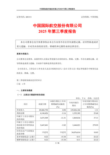Miniature Air China
 Rapport trimestriel 2025-q3