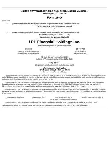 Thumbnail LPL Financial
 Quarterly Report 2012-q2