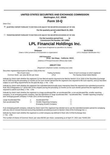 Thumbnail LPL Financial
 Quarterly Report 2021-q1