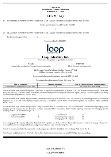 Thumbnail Loop Industries
 Quarterly Report 2025-q3