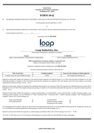Thumbnail Loop Industries
 Quarterly Report 2026-q1