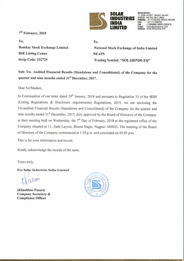 Thumbnail Solar Industries India Quarterly Report 2018-q3