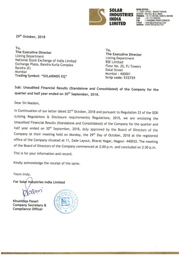 Thumbnail Solar Industries India Quarterly Report 2019-q2