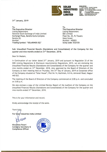 Thumbnail Solar Industries India Quarterly Report 2019-q3