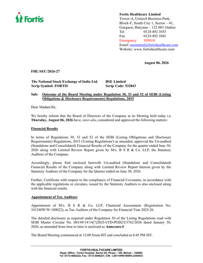 Thumbnail Fortis Healthcare Quarterly Report 2026-q1