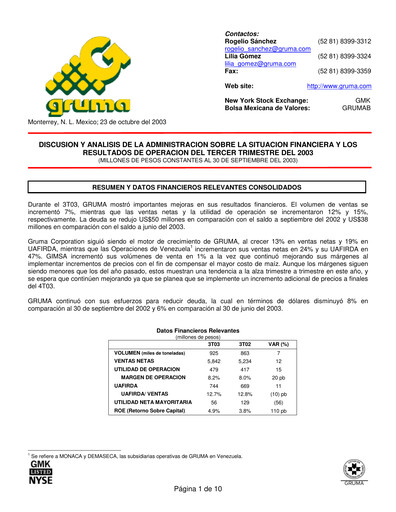 Thumbnail Gruma (Maseca)
 Quarterly Report 2003-q3