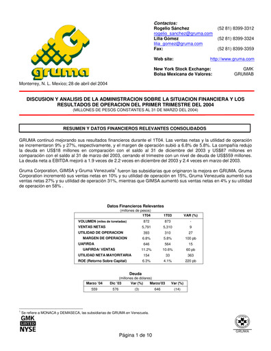 Thumbnail Gruma (Maseca)
 Quarterly Report 2004-q1
