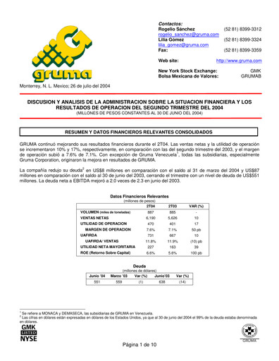 Thumbnail Gruma (Maseca)
 Quarterly Report 2004-q2