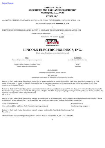 Thumbnail Lincoln Electric
 Quarterly Report 2014-q3