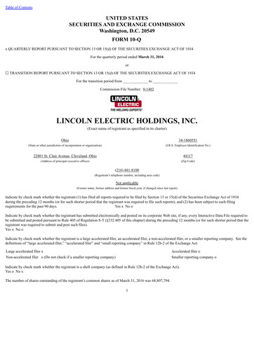 Thumbnail Lincoln Electric
 Quarterly Report 2016-q1