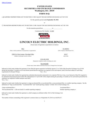 Thumbnail Lincoln Electric
 Quarterly Report 2016-q3