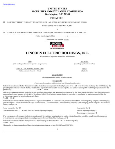 Thumbnail Lincoln Electric
 Quarterly Report 2017-q2