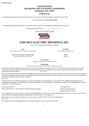 Thumbnail Lincoln Electric
 Quarterly Report 2018-q2