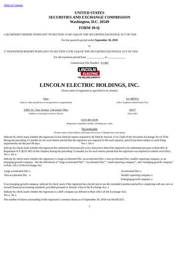 Thumbnail Lincoln Electric
 Quarterly Report 2018-q3