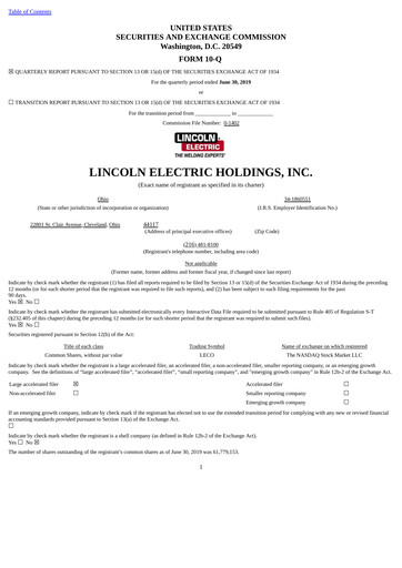 Thumbnail Lincoln Electric
 Quarterly Report 2019-q2