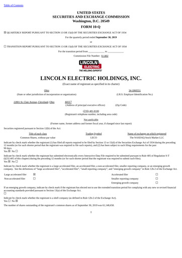 Thumbnail Lincoln Electric
 Quarterly Report 2019-q3
