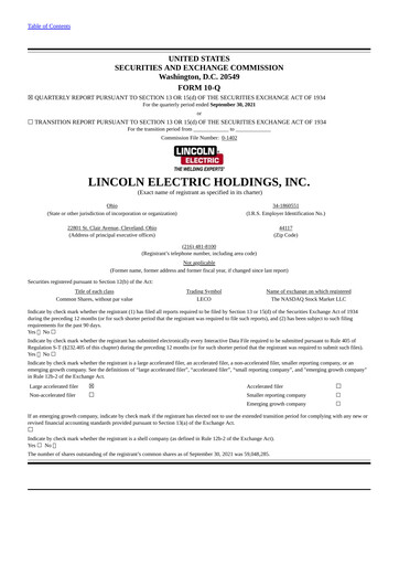 Thumbnail Lincoln Electric
 Quarterly Report 2021-q3