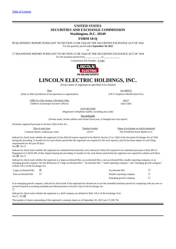 Thumbnail Lincoln Electric
 Quarterly Report 2023-q3