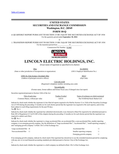 Thumbnail Lincoln Electric
 Quarterly Report 2024-q3