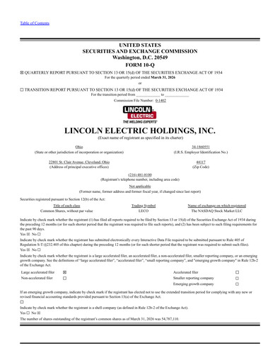 Thumbnail Lincoln Electric
 Quarterly Report 2026-q1