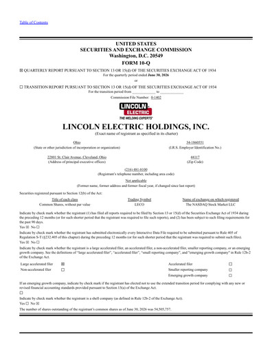 Thumbnail Lincoln Electric
 Quarterly Report 2026-q2