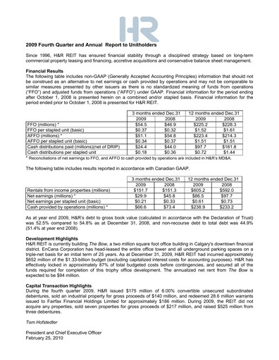 Miniature H&R REIT Bilan financier 2009