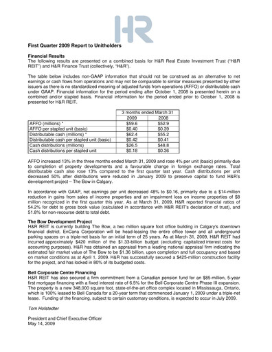 Thumbnail H&R REIT Quarterly Report 2009-q1