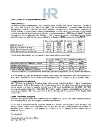 Thumbnail H&R REIT Quarterly Report 2009-q3