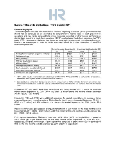 Thumbnail H&R REIT Quarterly Report 2011-q3