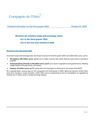 Thumbnail Compagnie de l'Odet Quarterly Report 2024-q3