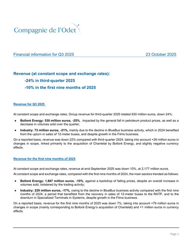 Thumbnail Compagnie de l'Odet Quarterly Report 2025-q3