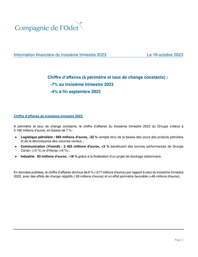 Thumbnail Compagnie de l'Odet Quarterly Report 2023-q3