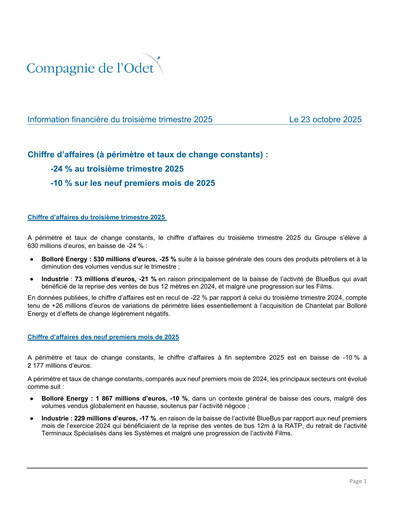 Thumbnail Compagnie de l'Odet Quarterly Report 2025-q3