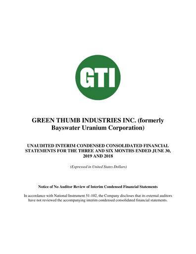 Thumbnail Green Thumb Industries Quarterly Report 2019-q2