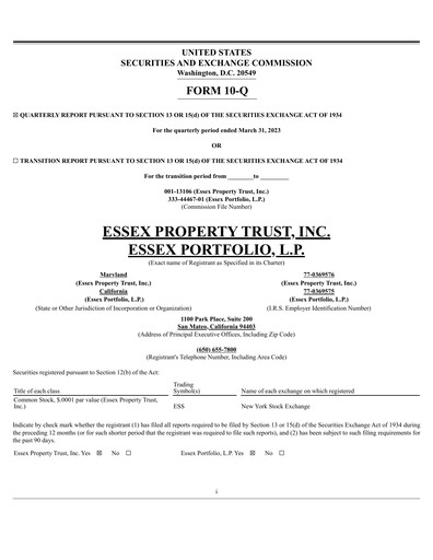Thumbnail Essex Property Trust
 Quarterly Report 2023-q1