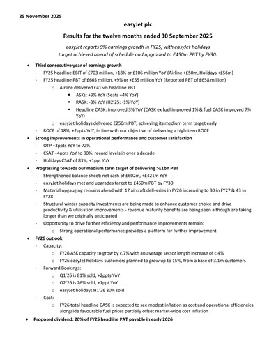 Thumbnail easyJet Financial Report 2025