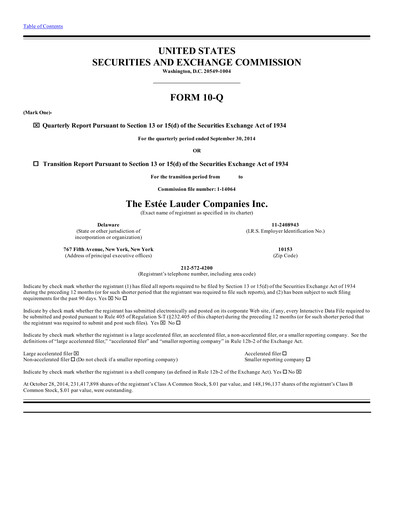 Thumbnail Estee Lauder Quarterly Report 2014-2015-q1