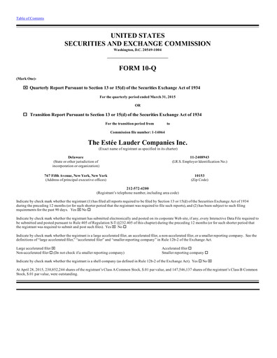 Thumbnail Estee Lauder Quarterly Report 2014-2015-q3