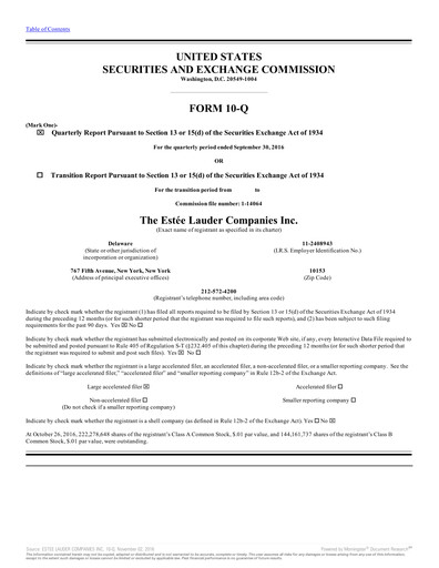 Thumbnail Estee Lauder Quarterly Report 2016-2017-q1