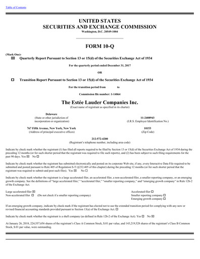 Thumbnail Estee Lauder Quarterly Report 2017-2018-q2