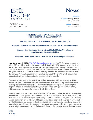 Thumbnail Estee Lauder Quarterly Report 2019-2020-q3