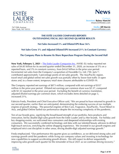 Thumbnail Estee Lauder Quarterly Report 2020-2021-q2