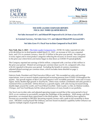 Thumbnail Estee Lauder Quarterly Report 2020-2021-q3