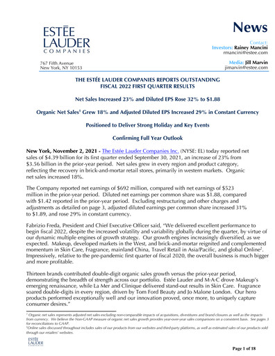 Thumbnail Estee Lauder Quarterly Report 2021-2022-q1