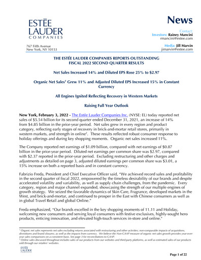 Thumbnail Estee Lauder Quarterly Report 2021-2022-q2